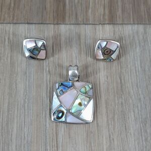 Sterling Silver Abalone Mother of Pearl Mosaic Pendant & Earring Set Jewelry 925